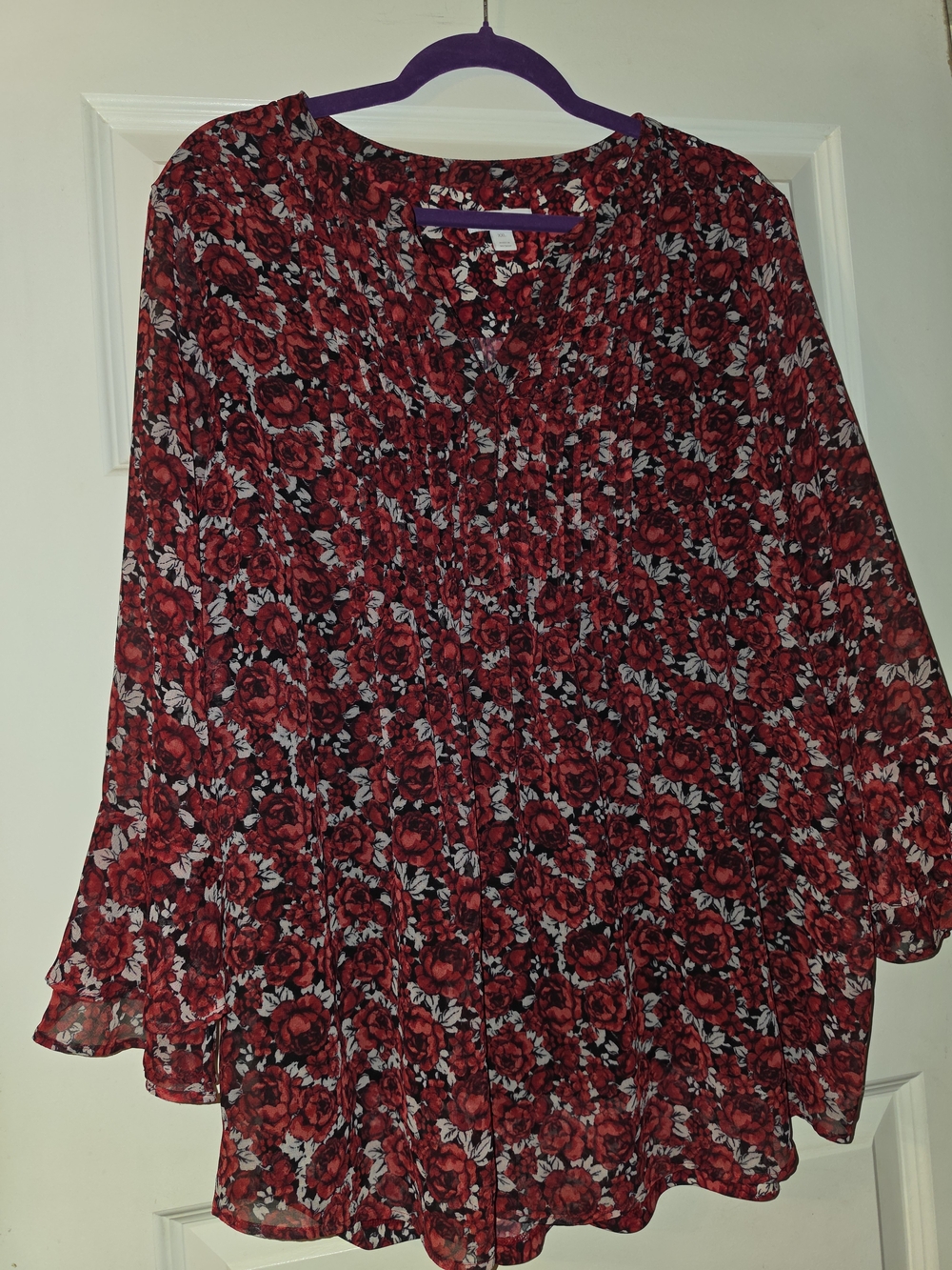 Charter Club Red Floral Pleated Long-Sleeve Blouse